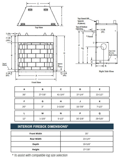 Superior VRT3200 Vent-Free Gas Firebox – White Herringbone Refractory Panels 40,000 BTU